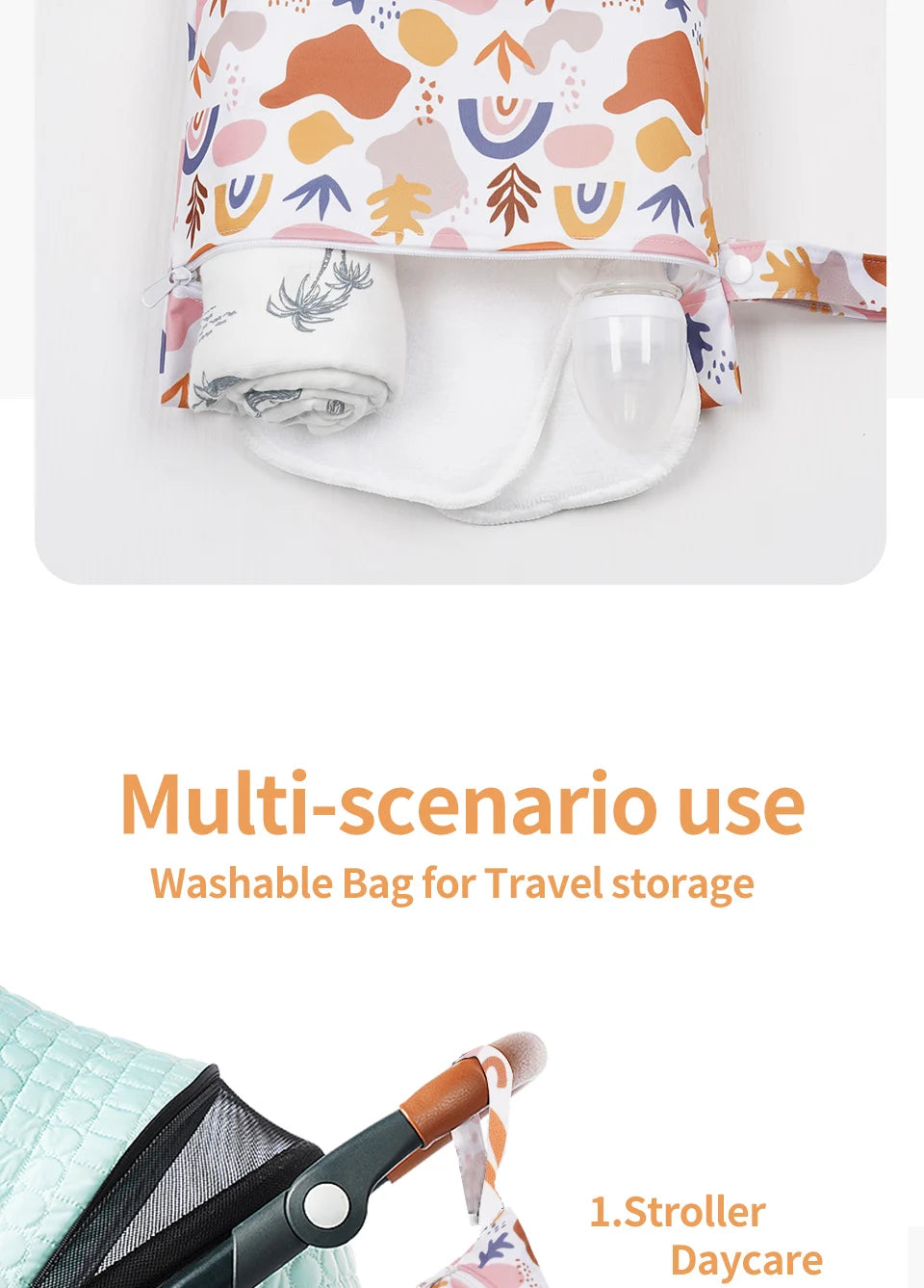 Reusable waterproof wet bag set with hanging hook shown in a colorful patterned fabric