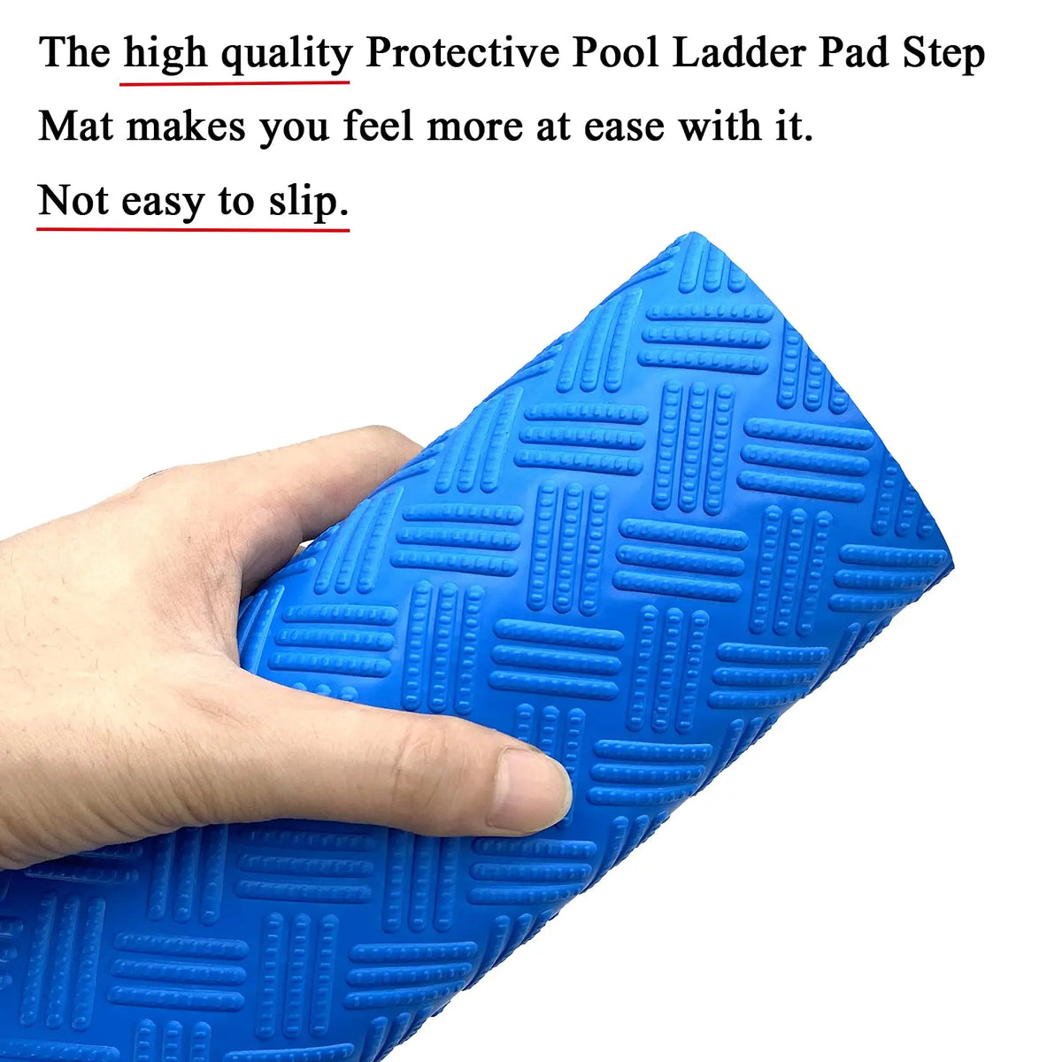 A hand is holding a blue, textured non-slip pool ladder mat.