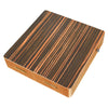 A compact travel cajon drum with a wooden body featuring dark brown and lighter stripes.