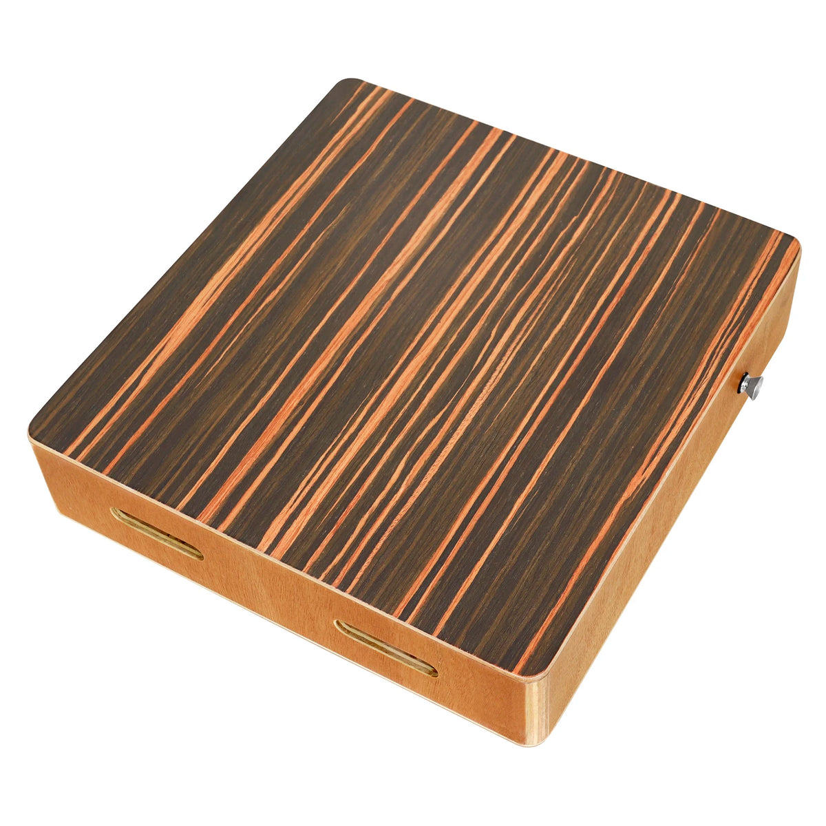 A compact travel cajon drum with a wooden body featuring dark brown and lighter stripes.