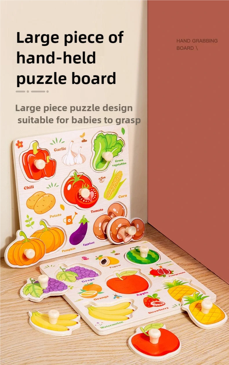 A large piece of hand-held puzzle board featuring various fruits and vegetables like chili, tomato, corn, potato, and apple.
