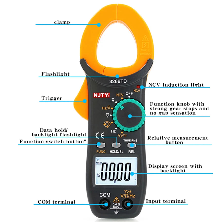 AC/DC Digital Clamp Meter with Temperature and Capacitance Testing