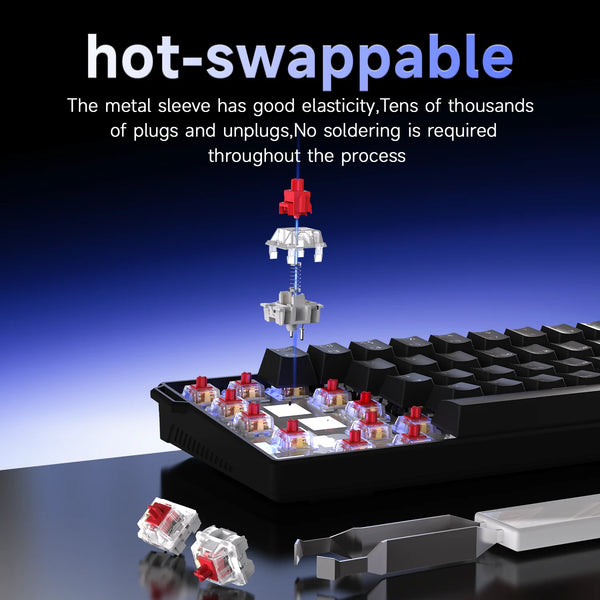 A close-up view of a hot-swappable mechanical keyboard with various plugs and unplugs shown for repair or modification.