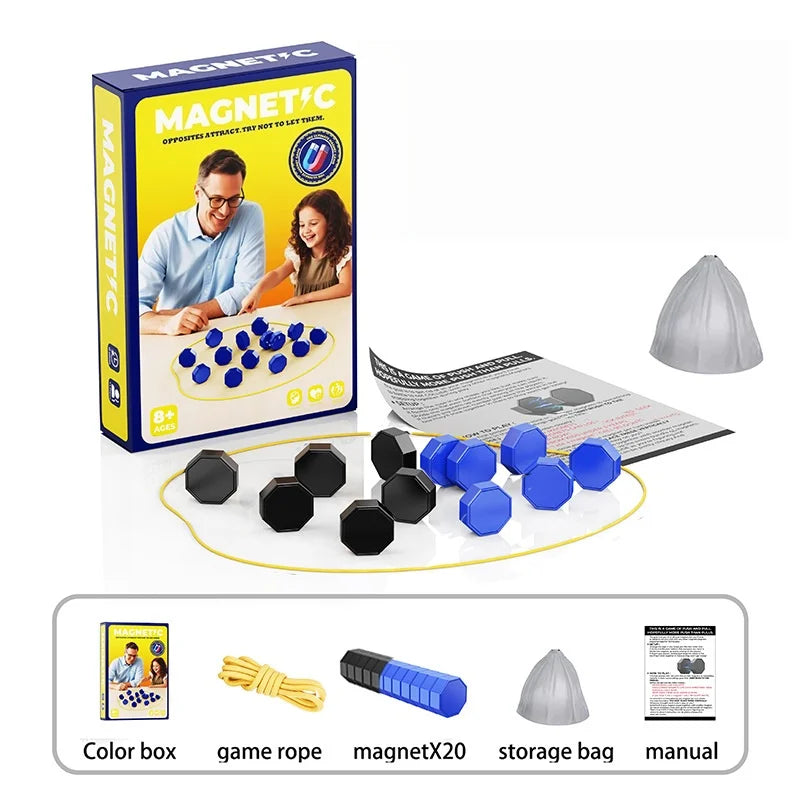 A box of magnetic stones strategy game showing the components including stones, a board, and instructions.
