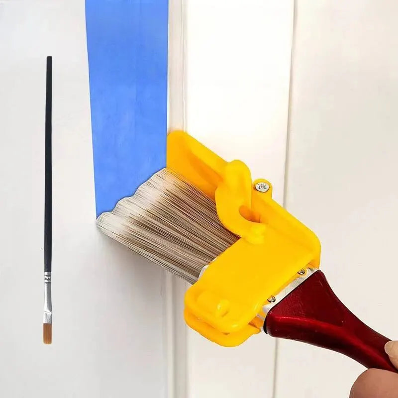 A yellow precision edging paint brush with a red handle and a blue trim is shown against a white surface.