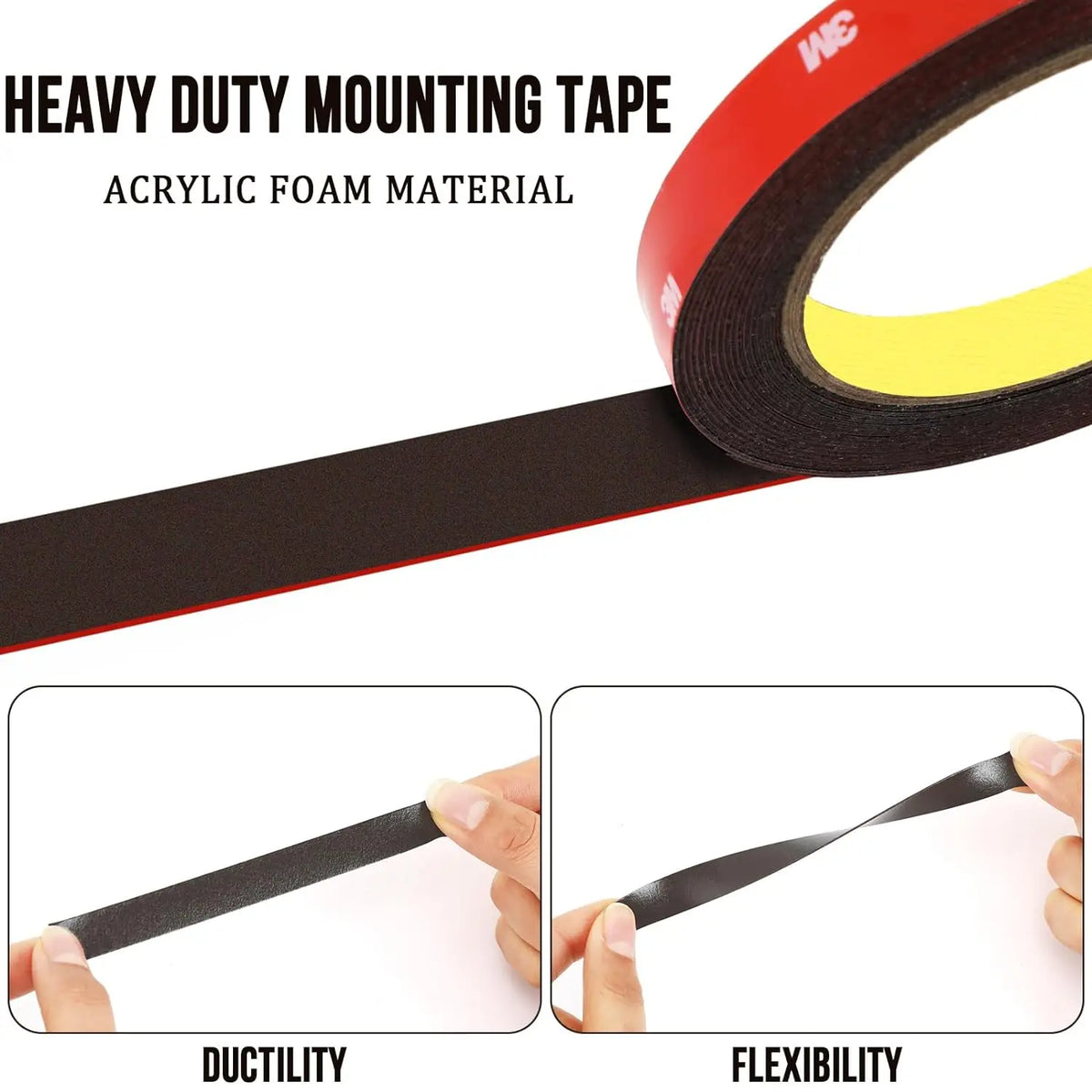 Roll of black heavy duty mounting tape showing its ductility and flexibility.