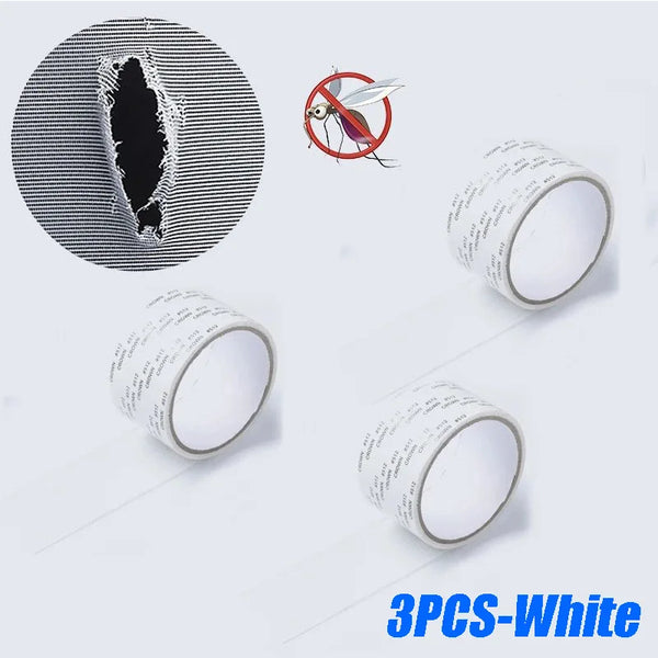 Three white self-adhesive mosquito net repair tapes are shown with a diagram of a mosquito and a circular pattern.