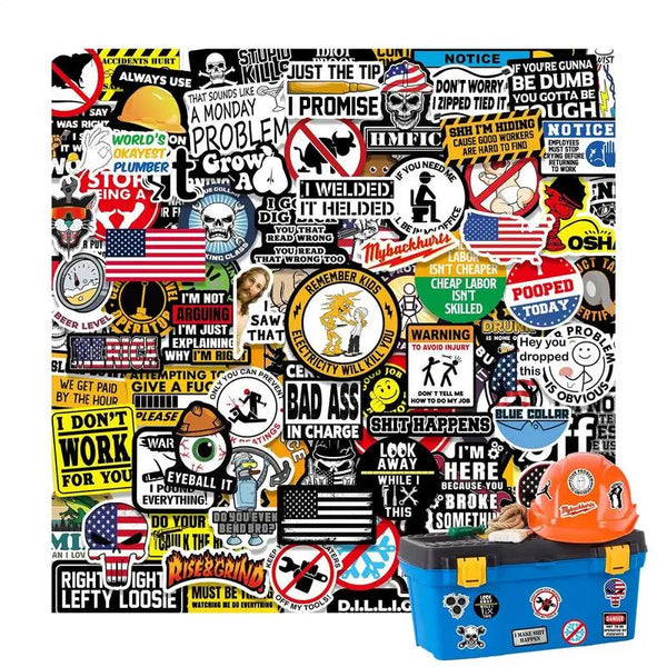 A collection of 150 hard hat stickers featuring various construction and trades themes.