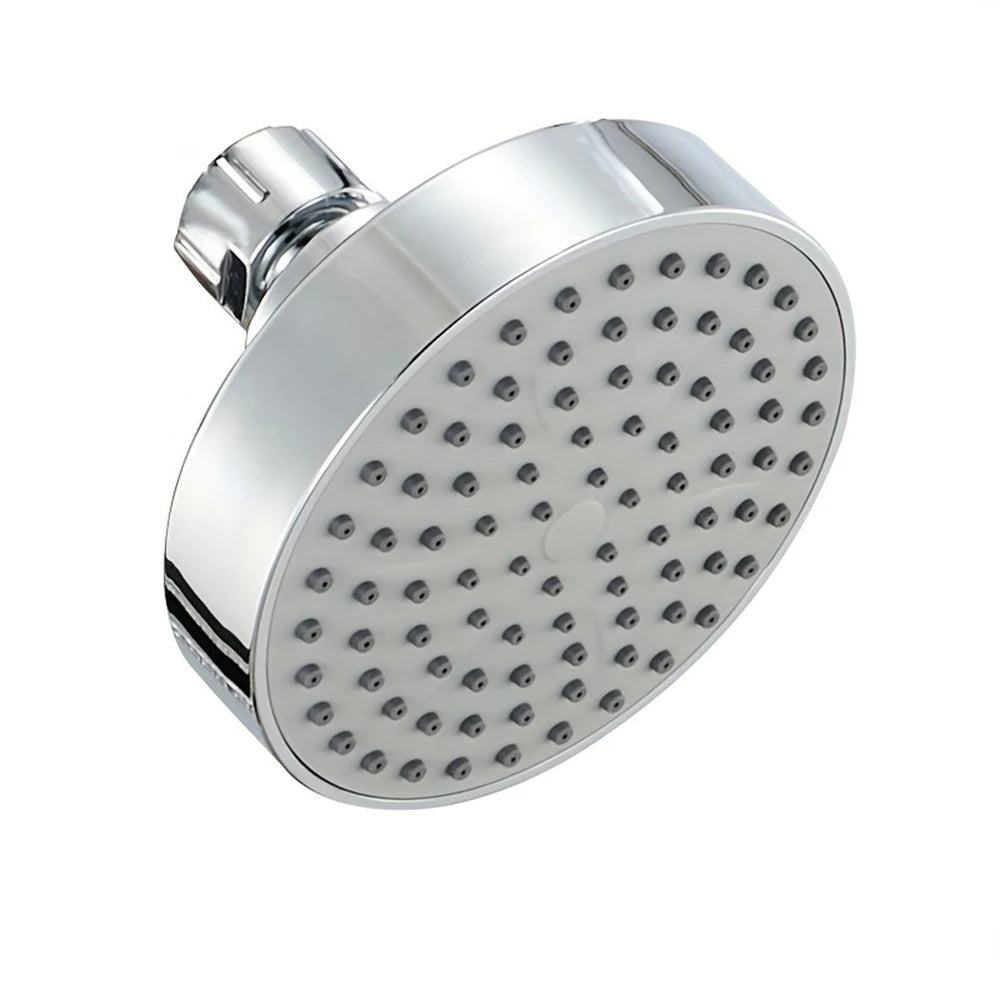 A chrome shower head with a matte black finish and a hexagonal spray pattern.
