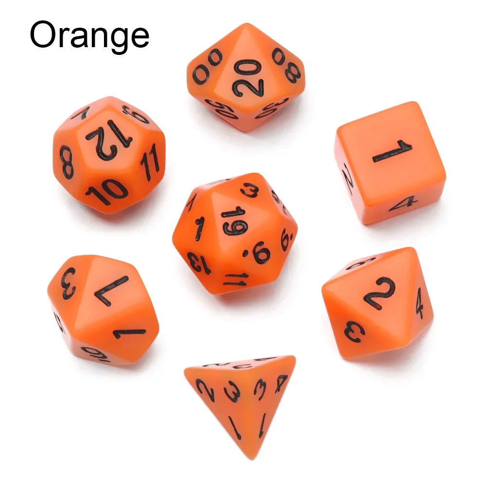 A set of orange polyhedral dice including a d20, d12, d10, and d6.