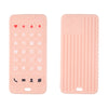 A pink silicone baby teether toy shaped like a remote control with various buttons and features.