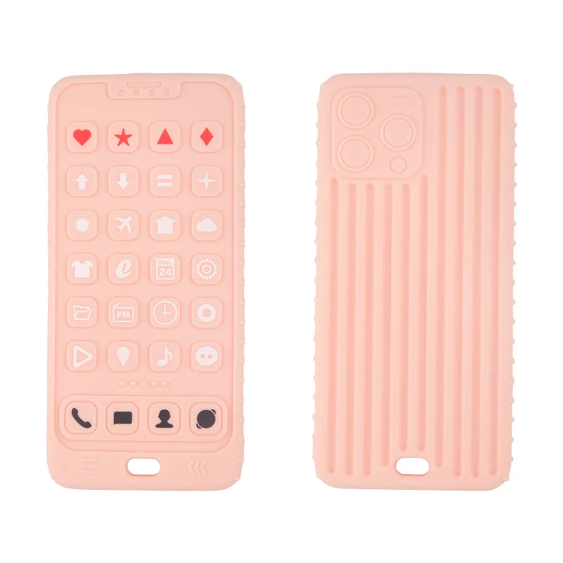 A pink silicone baby teether toy shaped like a remote control with various buttons and features.