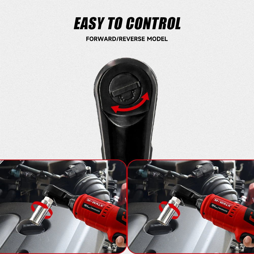 Close-up view of an M-WALK cordless right angle ratchet wrench with a brushless motor being used on a mechanical component.