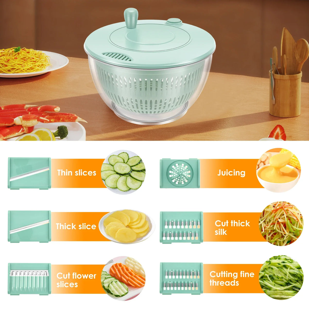 A multi-function salad spinner and veggie slicer with various cutting discs for preparing salads and vegetables.