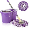 A purple bucket and two replacement microfiber spinning mop heads with purple fibers.