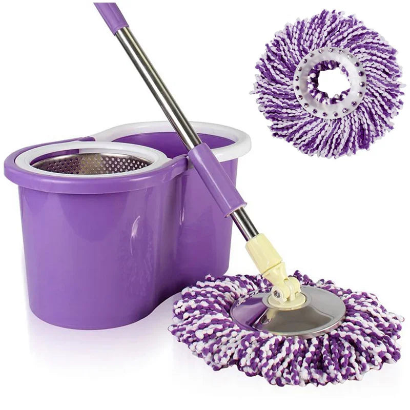 A purple bucket and two replacement microfiber spinning mop heads with purple fibers.