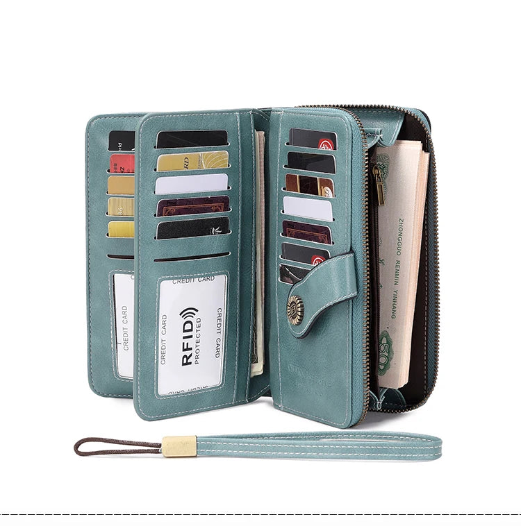 Vintage RFID-Blocking Large Capacity Wallet with Wrist Strap