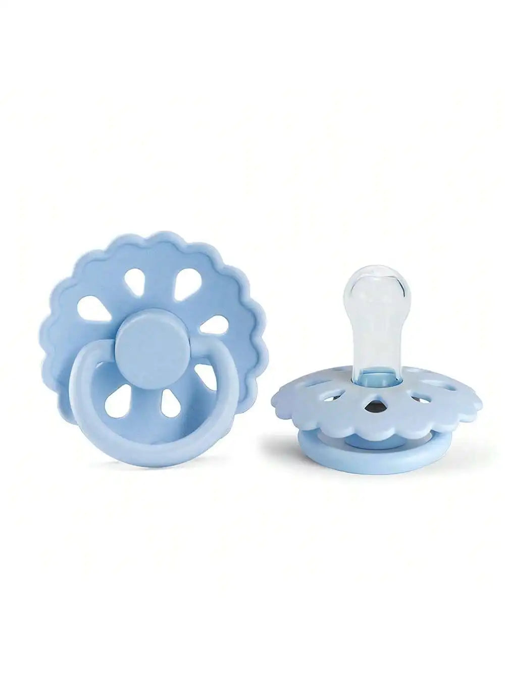 A light blue silicone baby pacifier with a flower-shaped silicone ring and a clear silicone nipple.