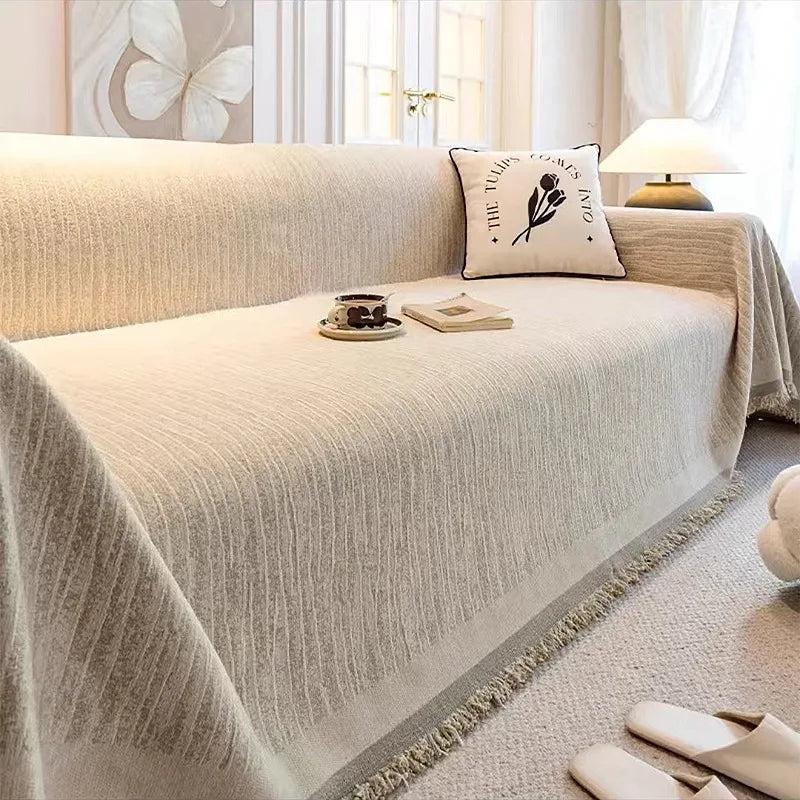Thick Chenille Sofa Cover with Tassel Fringe — Scratch Resistant & Reversible