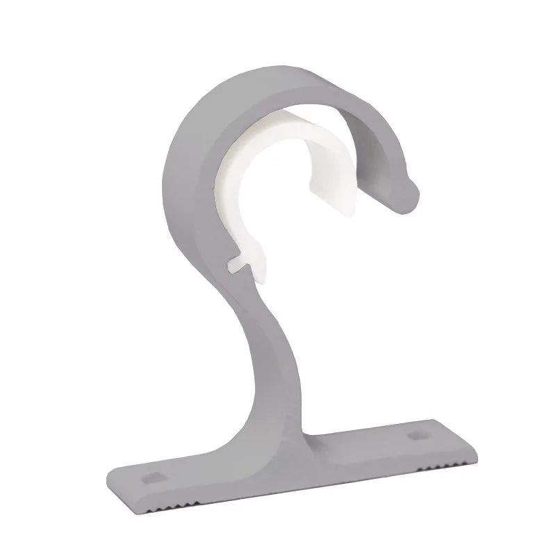 A gray durable curtain rod bracket with a curved hook design for securing window treatments.