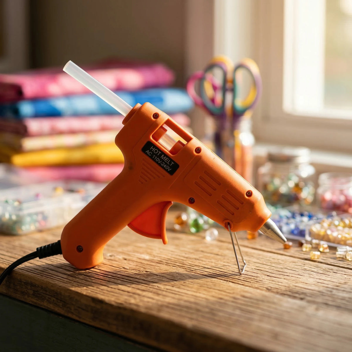 An orange hot melt glue gun with a stand and glue sticks resting on a wooden surface next to various craft supplies.