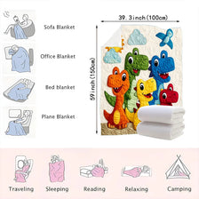 A collection of five colorful dinosaur cartoon throw blankets displayed next to a measuring tape.