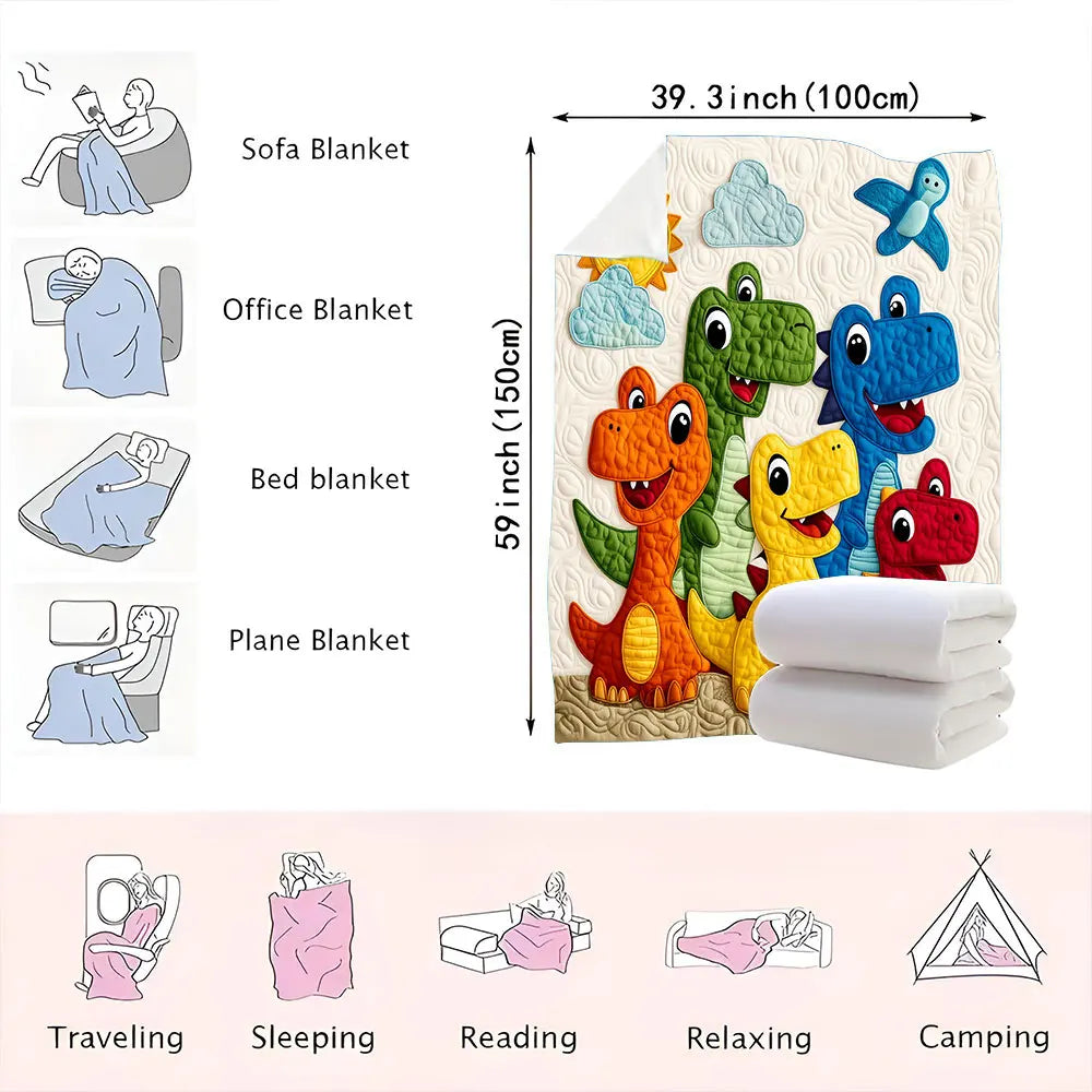 A collection of five colorful dinosaur cartoon throw blankets displayed next to a measuring tape.
