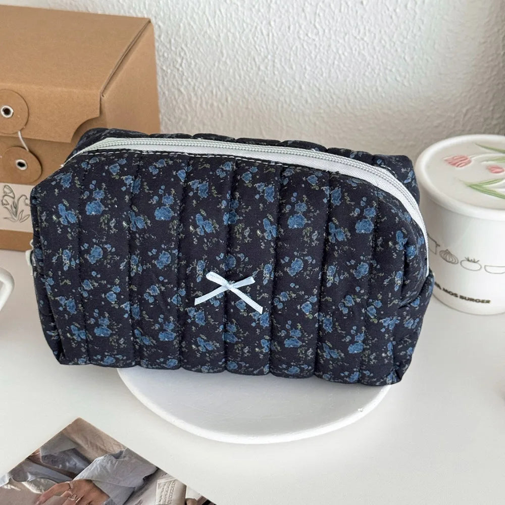 Pink Bow Plaid Quilted Cosmetic Bag with Multiple Compartments