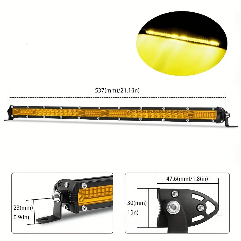 Leistungsstarke LED-Lichtleiste für Geländefahrzeuge, zeigt eine gelbe Lichtleiste und Montagekomponenten.