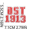 Red embroidered patch with the letters DST 1913 on a white background