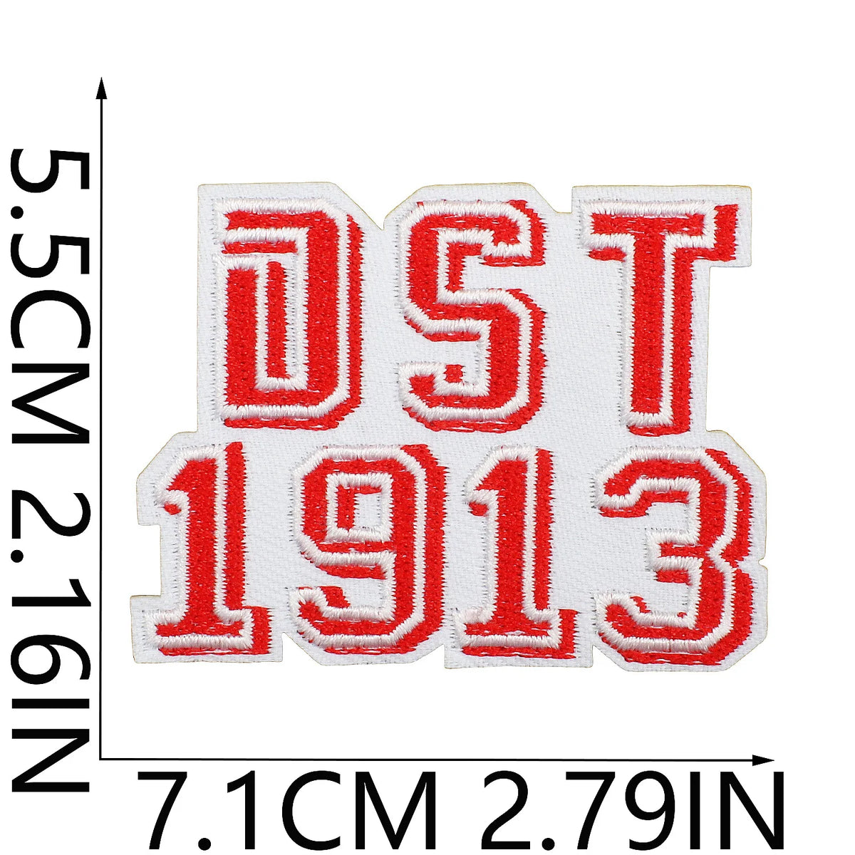 Red embroidered patch with the letters DST 1913 on a white background