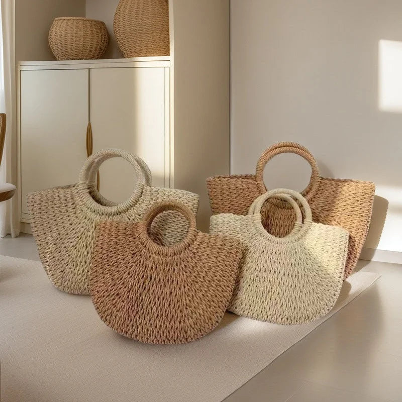 Handwoven Rattan Half-Moon Beach Bag