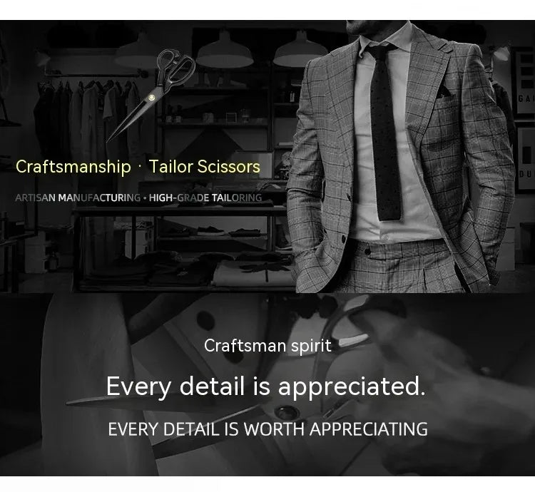 A man wearing a tailored suit jacket is shown next to professional heavy-duty fabric shears and tools for craftsmanship.