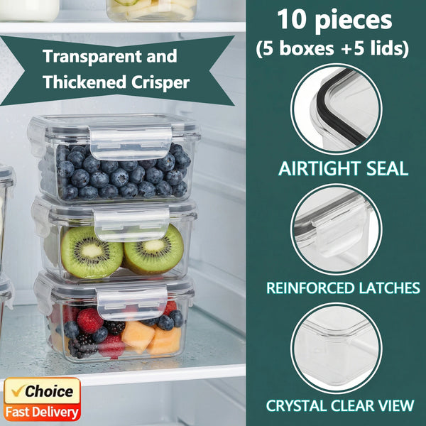 A set of 10 transparent and thickened crisper food storage containers with lids and reinforced latches