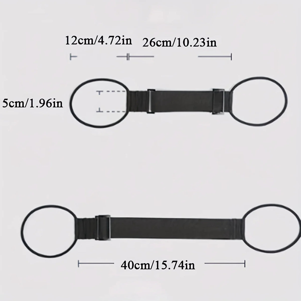 Black reusable elastic luggage strap with adjustable sizing and oval loops.