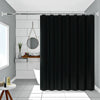 Solid black waterproof PEVA shower curtain hanging on a rod in a bathroom