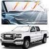 A white pickup truck is shown alongside a graphic illustrating a foldable windshield sun shade with UV protection.
