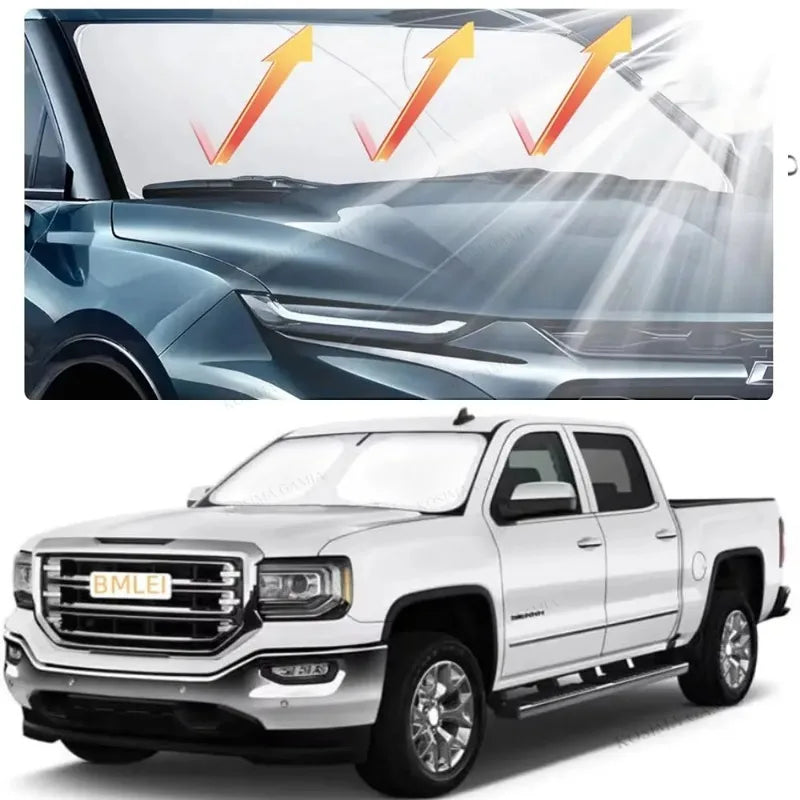 A white pickup truck is shown alongside a graphic illustrating a foldable windshield sun shade with UV protection.