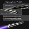 A black portable UV flashlight with a removable clip, made of high-quality aluminum, shown in various views.