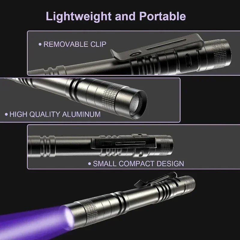 A black portable UV flashlight with a removable clip, made of high-quality aluminum, shown in various views.