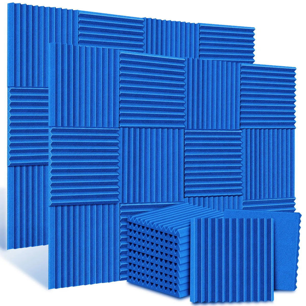 A pack of twelve blue corrugated acoustic foam panels for soundproofing and noise reduction.