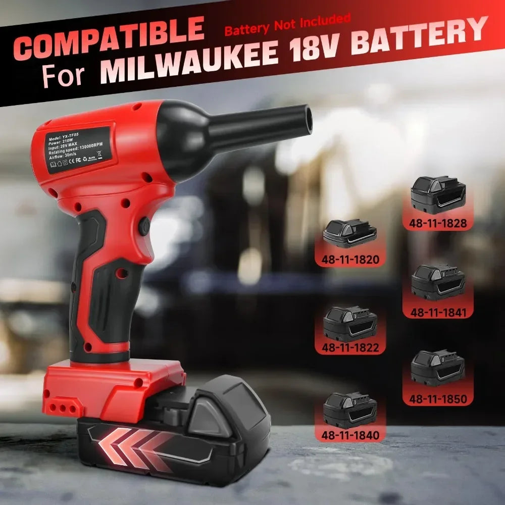 Red and black cordless handheld turbo blower tool for Milwaukee 18V battery compatibility