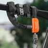An orange heavy-duty chain lock for bikes with two keys is shown attached to a black bicycle frame.