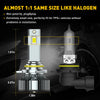 Comparison of an LED headlight bulb and a halogen bulb showing their size difference.