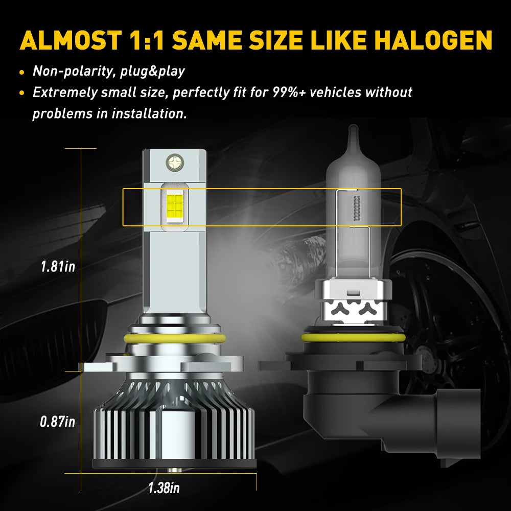 Comparison of an LED headlight bulb and a halogen bulb showing their size difference.