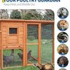 A wooden poultry guardian enclosure with wire mesh panels protecting livestock from pests and wildlife.