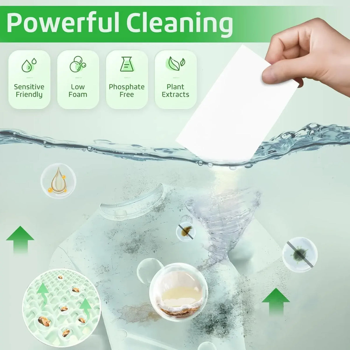 A hand is shown holding a white paper sheet under water, demonstrating powerful cleaning features like sensitive friendly and