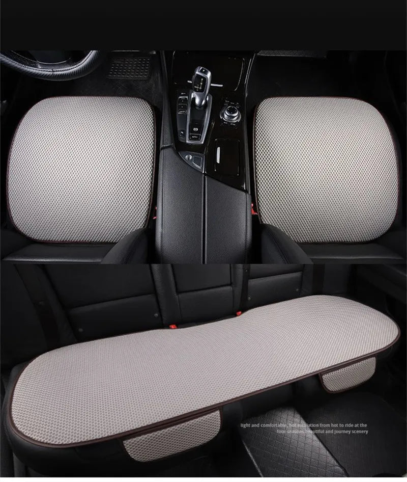 Interior view of a car seat with breathable ice silk cushions and a seat cushion.