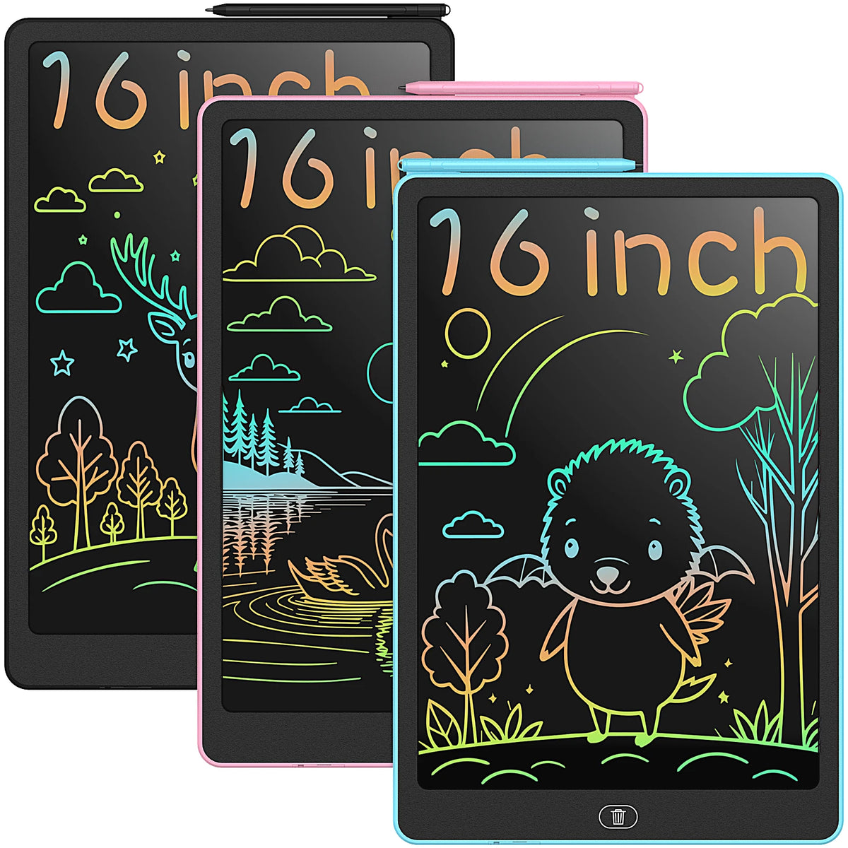 Three versions of a 16-inch LCD writing tablet for kids showing different nature scenes.