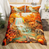 A vibrant wildlife print duvet cover featuring a waterfall scene with tigers and elephants in autumn foliage.